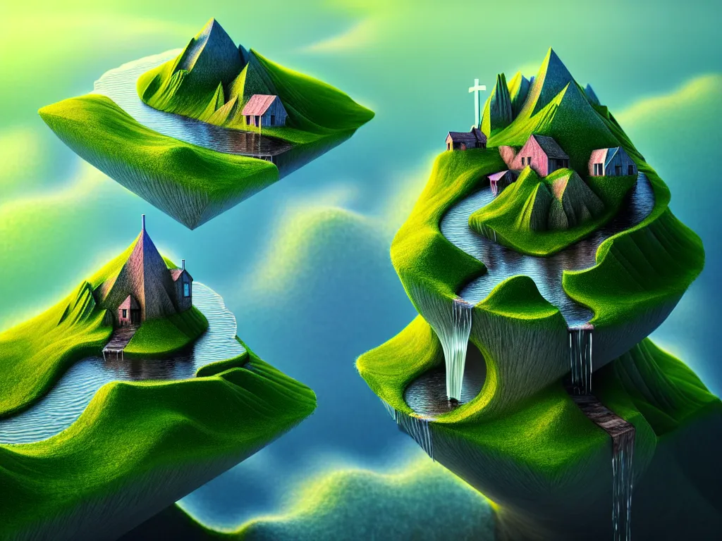 Image similar to hyper detailed cross section of geometric terrain with water, geometric 3D render, scene view, amazing surreal landscape, volumetric light , miniature world, clouds, trees, houses by Gediminas Pranckevicius ,trending on artstation