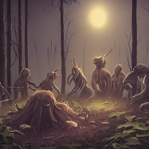 Prompt: Gathering of cryptids in a forest at night, bonfire, creepy, shadows, trending on artstation