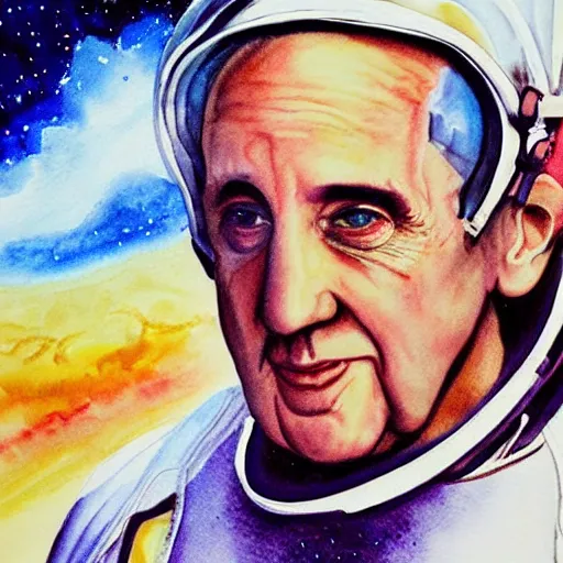 Image similar to pope in space. watercolor. dramatic. amazing painting. formal. beautiful. high resolution. highly realistic. close - up. trending on artstation