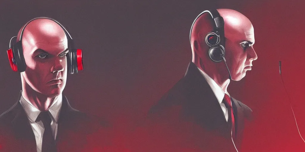 Image similar to a portrait of agent 4 7 from hitman wearing large headphones with wires in the background listening to music, dark background, red rim light, smooth, sharp focus, art by irina french