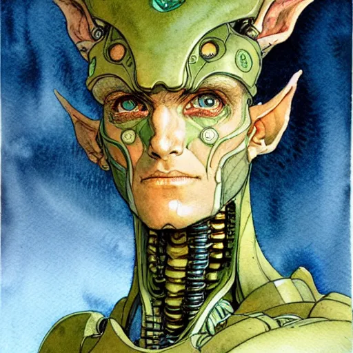 Image similar to a realistic and atmospheric watercolour fantasy character concept art portrait of a mechanized android elf as a druidic warrior wizard looking at the camera with an intelligent gaze by rebecca guay, michael kaluta, charles vess and jean moebius giraud