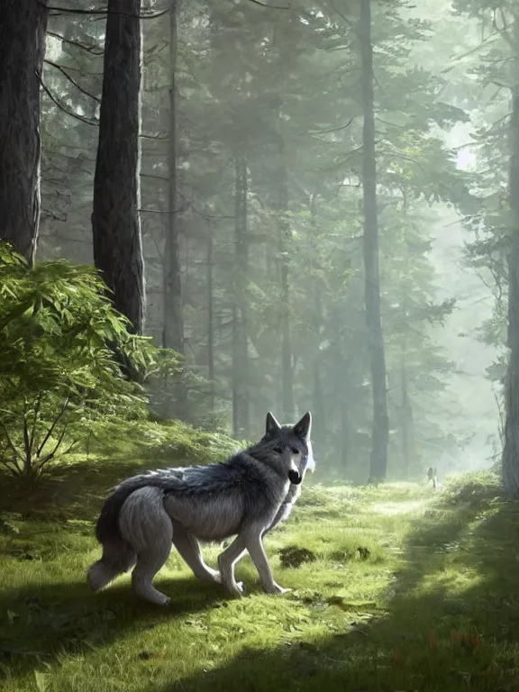 Image similar to a wolf walking through a forest. soft lighting. 8 k, octane render. by makoto shinkai, stanley artgerm lau, wlop, rossdraws, james jean, andrei riabovitchev, marc simonetti, krenz cushart, sakimichan, d & d trending on artstation, digital art.