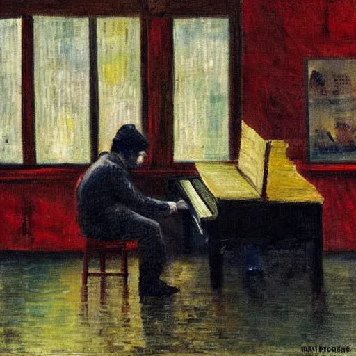 Image similar to a person playing the piano in a cafe on a rainy day, impressionist art