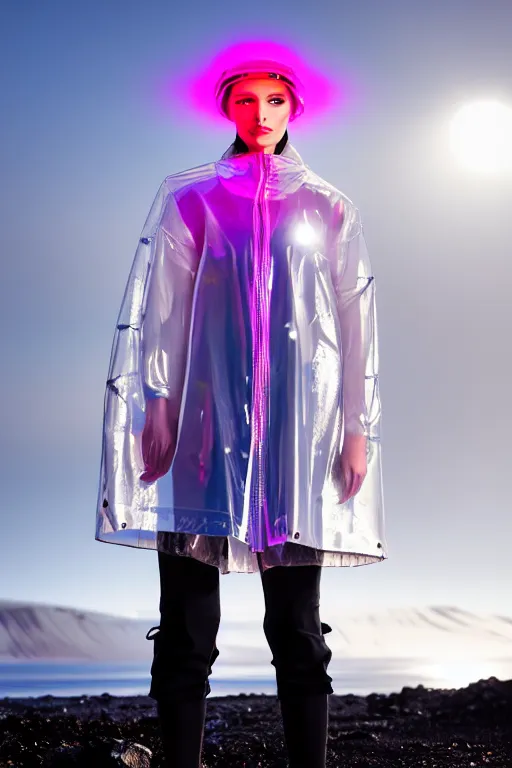 Image similar to an ultra high definition professional high fashion portrait studio full length photograph of a model wearing a transparent pearlescent raincoat and neon visor in an icelandic black rock environment at dawn. no artefacts. extremely detailed. stark. refraction. shallow depth of field. volumetric light and shadow. ray tracing. light rays.