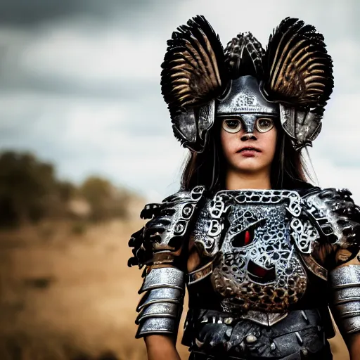 Image similar to photo of a female warrior with metal owl armour