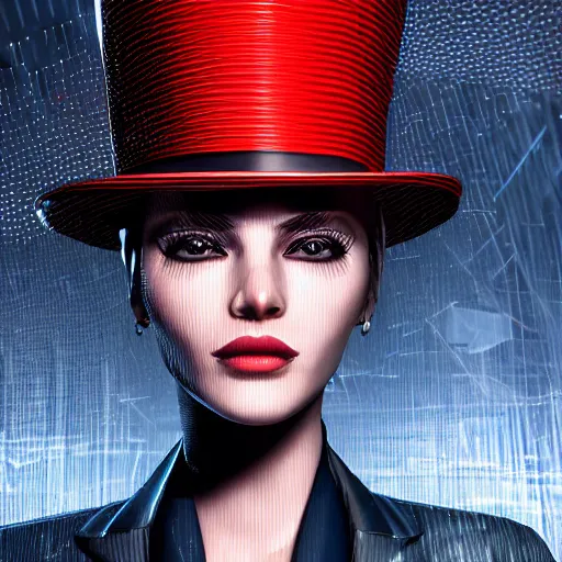 Image similar to stylish woman cartoon portrait made out of rain, pinstripe suit, top hat, cyberpunk background, rendered in octane, unreal engine, highly detailed, trending on artstation, realistic, neon, beautiful