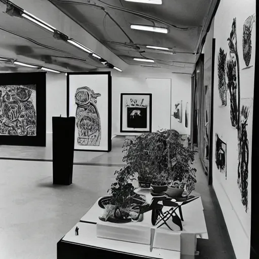 Image similar to A black and white photography of an exhibition space with works of Sun Ra, Marcel Duchamp and tropical plants, 60s, offset lithography print