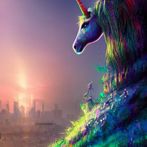 Image similar to a iridescent unicorn looking off a cliff overlooking a city covered in toxic smog, ultra realistic, concept art, intricate details, highly detailed, photorealistic, octane render, 8 k, fantasy art