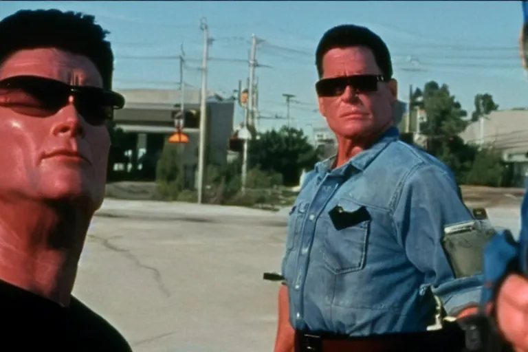 Image similar to hank hill from king of the hill as a terminator, protecting bobby hill as john connor, movie still, from the movie terminator 2 judgement day, 8 k, cinematic lighting