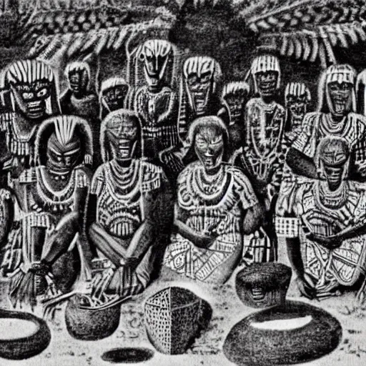 Image similar to ancient igbo ceremony where shamans wearing fearsome tribal masks emerge from dark woods.