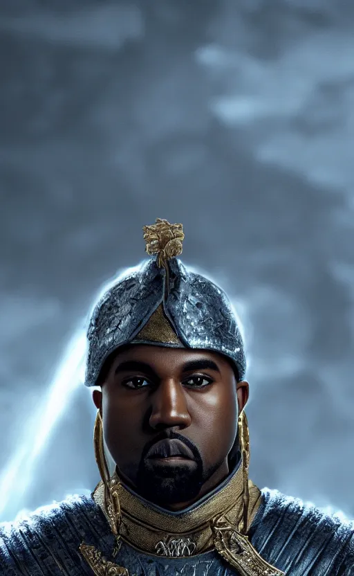 Image similar to Portrait of Kanye West as Emperor Napoleon in Skyrim, splash art, movie still, cinematic lighting, dramatic, octane render, long lens, shallow depth of field, bokeh, anamorphic lens flare, 8k, hyper detailed, 35mm film grain