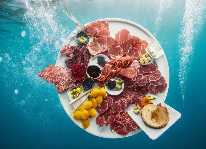 Image similar to underwater photo still of a great white shark eating a charcuterie platter at the bottom of the ocean, underwater lighting, light rays, bubbles, 8 k