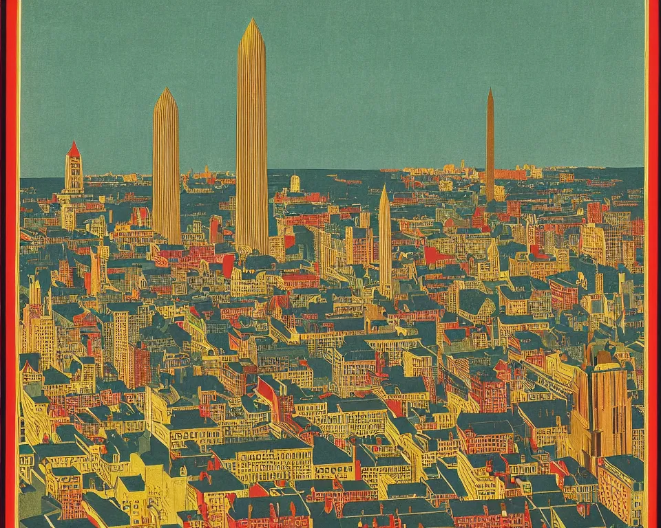 Prompt: resplendent, gilded art deco print of Washington, DC by Hasui Kawase and Lyonel Feininger