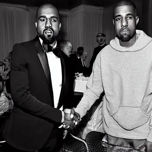 Image similar to a black and white photo of kanye west and pete davidson shaking hands