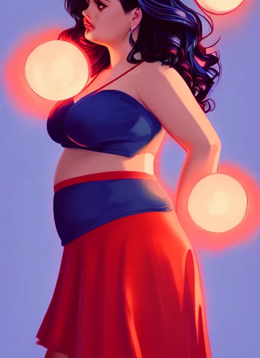 Image similar to full body portrait of teenage veronica lodge, obese, bangs, sultry, realistic, sultry smirk, wavy hair, red skirt, fat, belly, intricate, elegant, glowing lights, highly detailed, digital painting, artstation, concept art, smooth, sharp focus, illustration, art by wlop, mars ravelo and greg rutkowski