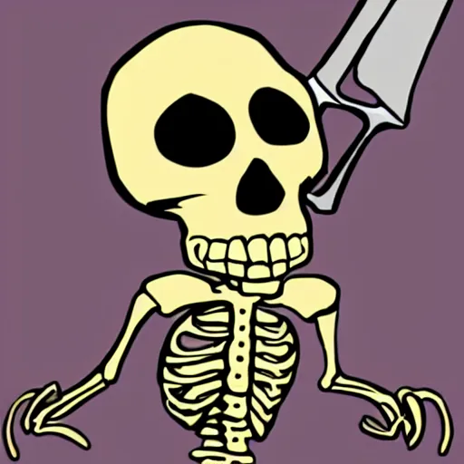 Prompt: Upset skeleton with a knife in his chest