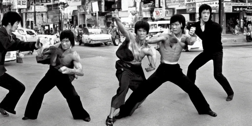 Prompt: bruce lee in a street fight with quentin tarantino on hollywood boulevard in the middle of traffic, hyperreal, onlookers, in style style of kill bill