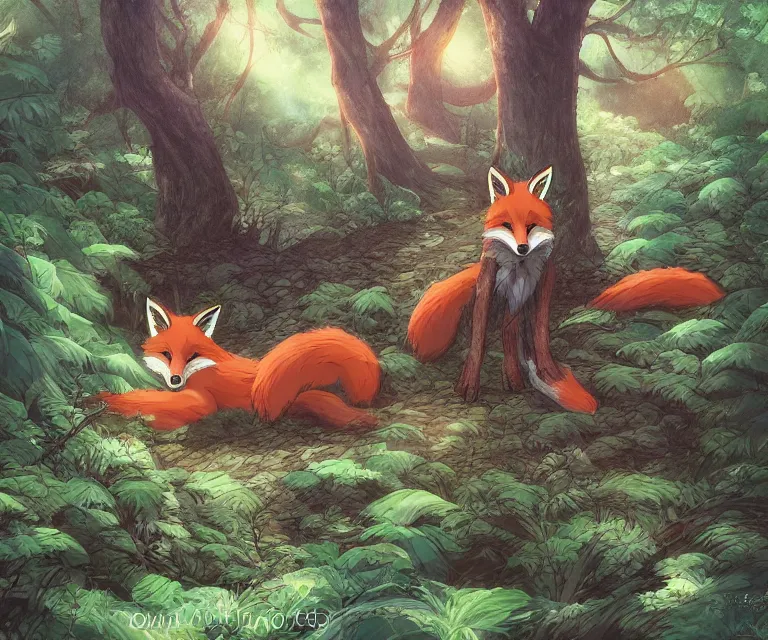 Prompt: fox in a forest, anime fantasy illustration by tomoyuki yamasaki, kyoto studio, madhouse, ufotable, comixwave films, trending on artstation