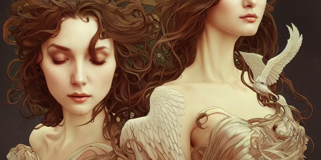 Prompt: beautiful woman is turning into an angel, dark surrealism, intricate, elegant, highly detailed, artstation, concept art, smooth, sharp focus, illustration, art by artgerm and moebius and alphonse mucha