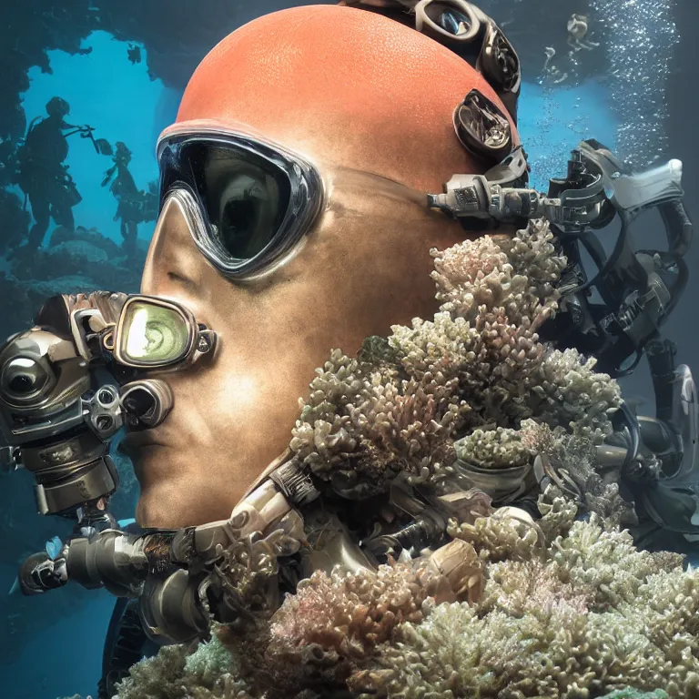 Image similar to octane render portrait by wayne barlow and carlo crivelli and glenn fabry, subject is a shiny reflective tactical black ops scuba diver with small dim lights inside helmet, surrounded by bubbles inside an exotic alien coral reef aquarium full of exotic fish and sharks, cinema 4 d, ray traced lighting, very short depth of field, bokeh