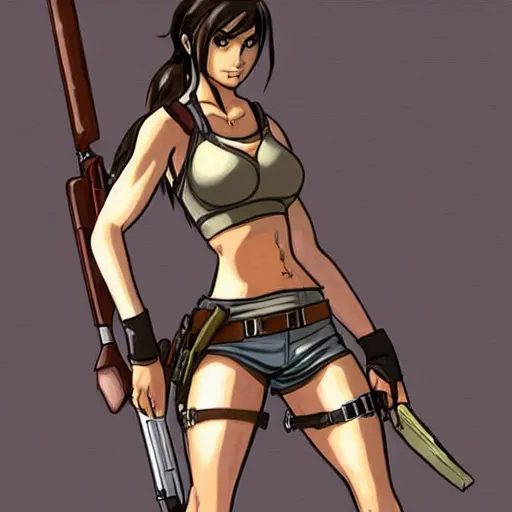 Image similar to “A high quality, full body, anime illustration of Lara Croft, from Tomb Raider Legend, created by Hiro Mashima”