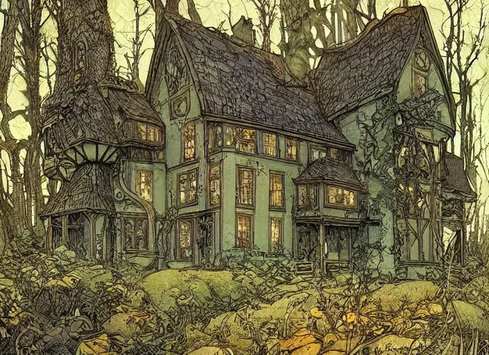 Prompt: house in a clearing in the middle of the forest, beautifully lit, steampunk, by rebecca guay and francois schuiten