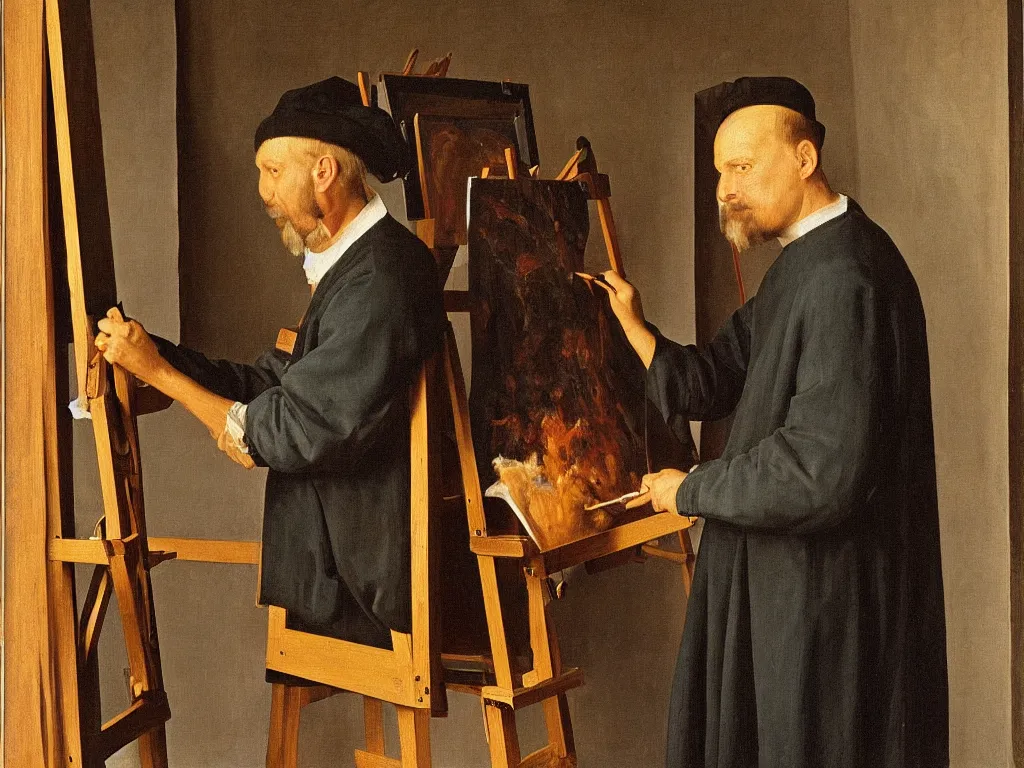 Prompt: portrait of a painter at his easel, canvas. painting by jan van eyck, august sander.