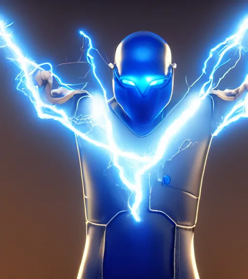 Image similar to bald albino man wearing silver goggles and an electric blue super hero suit, generates lightning from his hands, sharp, trending on artstation, unreal engine, octane render, cgsociety, artgerm, award - winning, focus, highly detailed