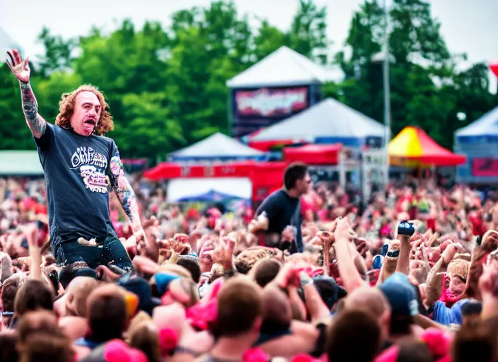 Image similar to photo still of gallagher at vans warped tour!!!!!!!! at age 4 5 years old 4 5 years of age!!!!!!! throwing watermelons at a crowd, 8 k, 8 5 mm f 1. 8, studio lighting, rim light, right side key light