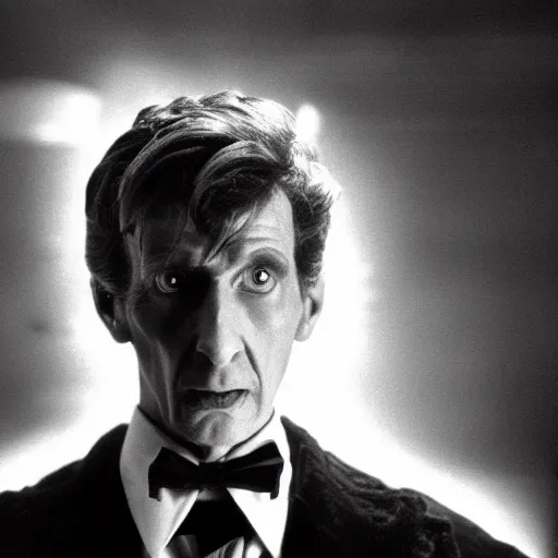 Prompt: a long shot, black & white studio photographic portrait of doctor who, dramatic backlighting, 1 9 9 3 photo from life magazine,