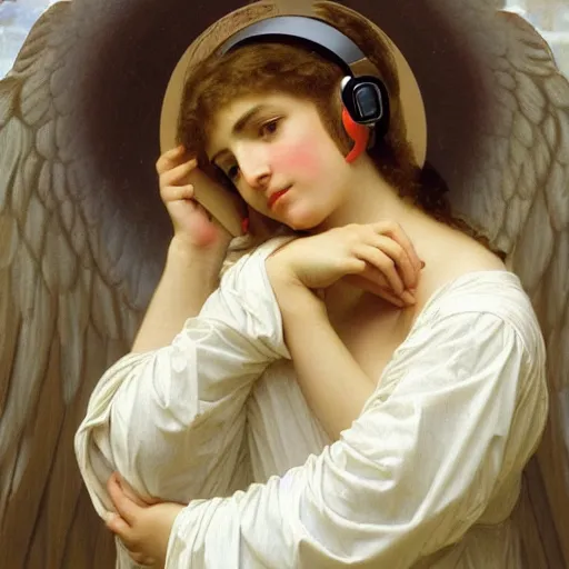 Prompt: an oil painting of an angel with headphones listening to vaporwave, by Bouguereau, highly detailed and intricate,