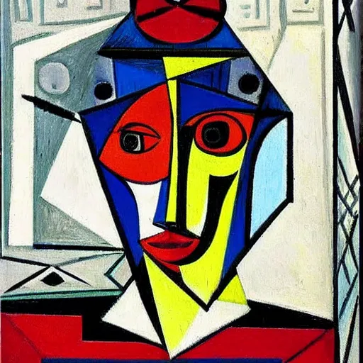 Prompt: head and shoulders portrait of a female knight, cubist painting by picasso