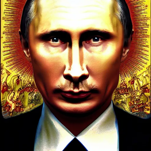 Prompt: stupid degraded retard vlad putin photo - realistic, color image, hyper realistic, 2 k, highly detailed, occult art, by giger, fractal structure