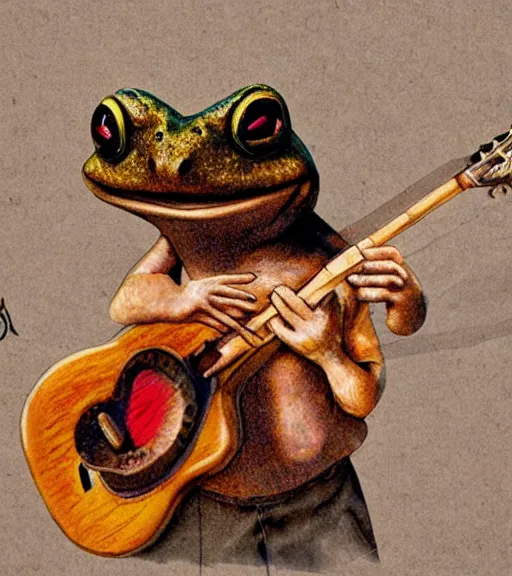 Prompt: a toad playing guitar on a mushroom