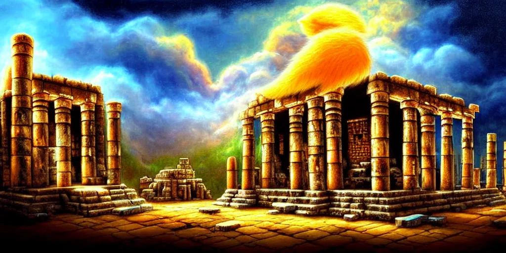 Image similar to illusion painting hidden temple in the clouds : an adorable small fox in the huge ruins of the second temple in jerusalem. a new temple hovers quietly hiding in the dreamy clouds above. a hooded bearded old man in a brown tunic laughing, colorful 8 k, art station, intricate superb details, digital art, illusion painting hidden image.