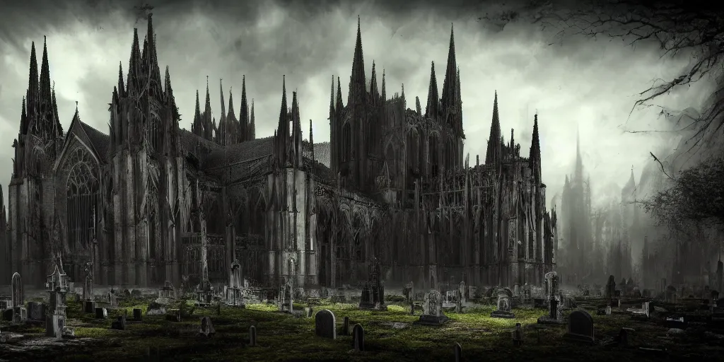 Image similar to a dark fantasy landscape with a Gothic Cathedral with a cemetary, wide angle, super highly detailed, professional digital painting, artstation, concept art, smooth, sharp focus, no blur, no dof, extreme illustration, Unreal Engine 5, Photorealism, HD quality, 8k resolution, cinema 4d, 3D, beautiful, cinematic, art by artgerm and greg rutkowski and alphonse mucha and loish and WLOP