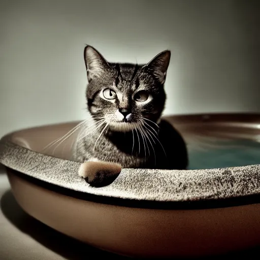 Image similar to photographic portrait by Annie Leibovitz of a cat in a hot tub, closeup, foggy, sepia, moody, dream-like, sigma 85mm f/1.4, 15mm, 35mm, 4k, high resolution, 4k, 8k, hd, full color