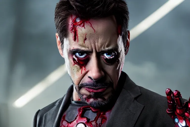 Image similar to film still of zombie zombie Tony Stark as a zombie in new avengers movie, 4k