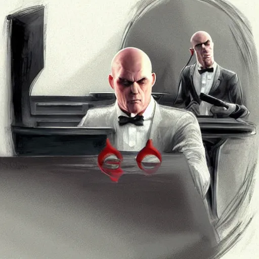 Prompt: agent 4 7 from hitman wearing headphones while playing a piano, digital art, dark fantasy, concept art