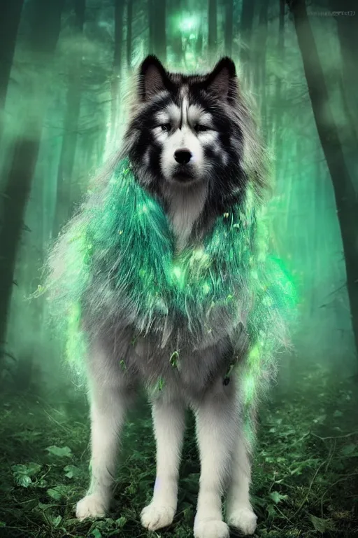Prompt: flowery long haired alaskan malamute in a bioluminescent forest by malgorzata kmiec and alberto seveso, beautiful, ethereal
