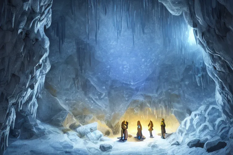 Image similar to three people exploring an open mysterious underground wintry crystalline glowing dimly - lit rocky ice cave with warm lanterns, blue and ( ( ( ( yellow ) ) ) ) tones, fantasy, concept art, amazing landscape painting, romanticism, geometric crystal structures, digital art, trending on artstation