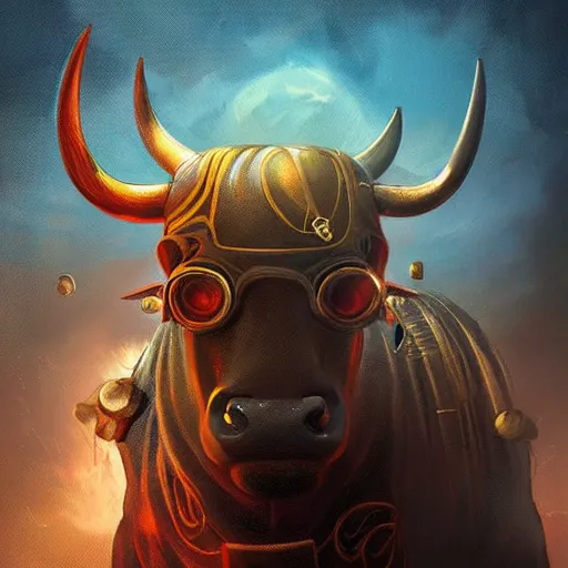 Prompt: a painting of a bull with a gold coin on its back, cyberpunk art by Mike 'Beeple' Winkelmann, instagram contest winner, fantasy art, art on instagram, concept art, dystopian art