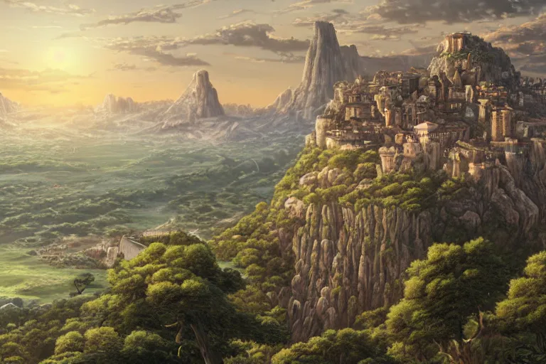 Prompt: an ultra detailed matte landscape painting of an extremely tall and strong young man with short brown hair standing on a cliff overlooking a medieval capital built on top of many hills, italian renaissance architecture, epic anime fantasy, 8 k, volumetric lighting, smooth, highly detailed, digital illustration, art by kentaro miura and akira toriyama and artgerm