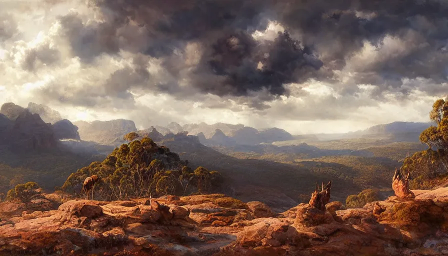 Image similar to excellent painted daemon in a wide epic beautiful landscape somewhere in australia with fluffy clouds, painted by Hans Fredrik Gude, Greg Rutkowksi, Craig Mullins and Artgerm, masterpiece, 4k, ultra realistic highly detailed oil painting