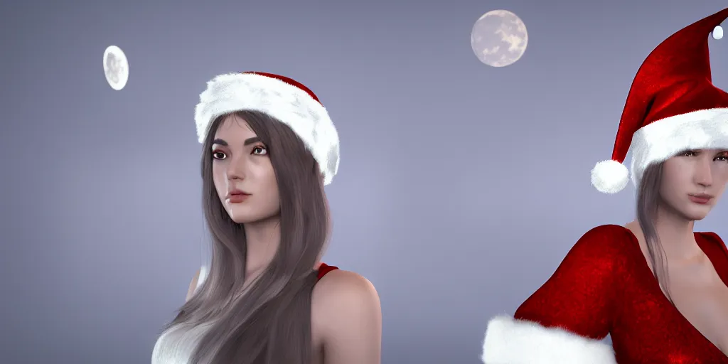 Image similar to portrait of greek moon goddess artemis wearing a santa hat, digital art, unreal engine, 3 d render, cinematic lighting