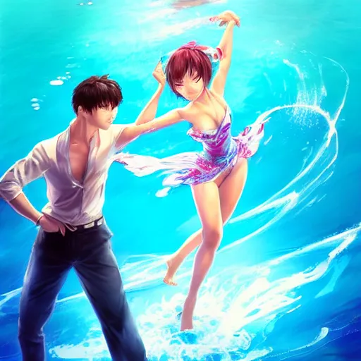 Image similar to semi realistic portrait Salsa Dancing inside clear blue ocean water in blade and soul spinoff by Artgerm Lau , color overlay, rim light and highlights , Gesture draw, Salsa Social Dance, couple, Salsa tricks, WLOP, Hyung-tae Kim, Rossdraws, Gesture draw, James Jean, Andrei Riabovitchev, Marc Simonetti, and Sakimichan, trending on artstation