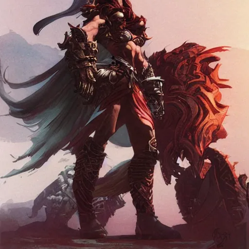 Image similar to warrior by peter andrew jones and akihiko yoshida, rule of thirds, seductive look, beautiful