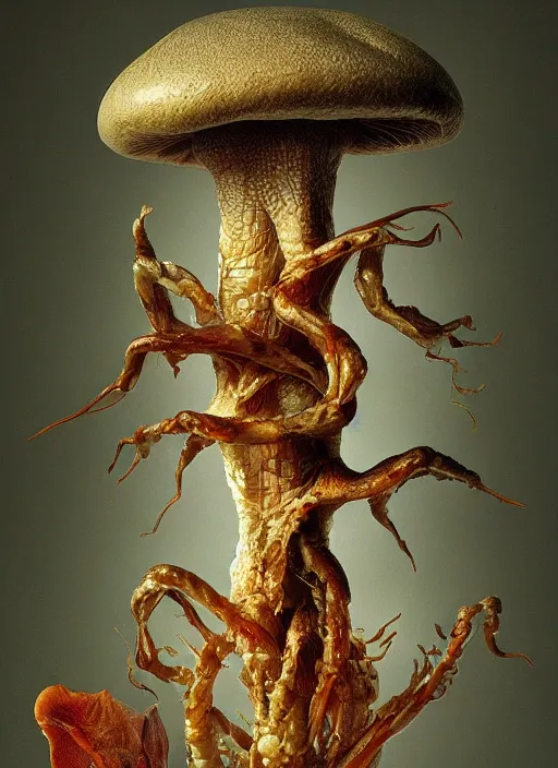 Prompt: magic mushroom with translucent skin, visible muscles and veins and arteries and bones and spines and nerves, beautiful detailed intricate insanely detailed octane render, 8k artistic photography, photorealistic, chiaroscuro, by David Cronenberg, Raphael, Caravaggio