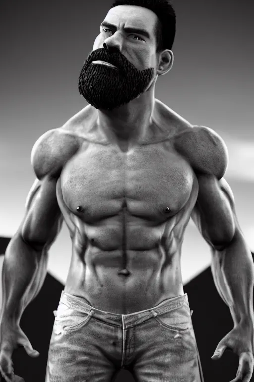 Image similar to a single muscular man wearing torn clothes, looking to the right, profile picture, hyperrealistic, concept art, octane render, unreal engine 5, trending on artstation, high quality, highly detailed, 8 k, dramatic lighting, cinematic, high coherence, anatomically correct, five fingers, digital art, seductive, black and white, big beard, epic