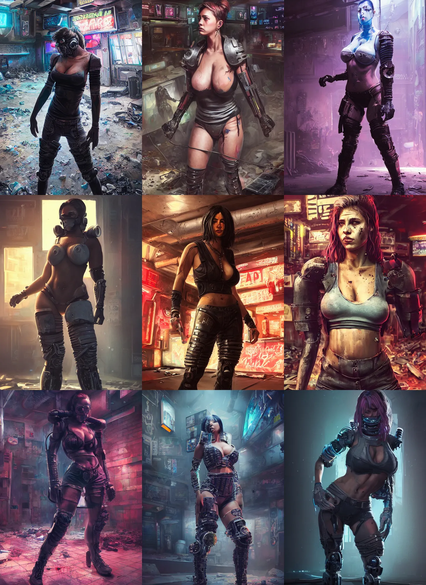 Prompt: hyper detailed ultra sharp full body matte character portrait of a woman wearing bulky cyberpunk armor standing in a destroyed dive bar doing an action pose, realistically proportioned face, cinematic lighting, good value control, smooth, realistic shading, realistic face details, smooth, highly detailed, digital painting, painted texture maps, illustration, substance painter